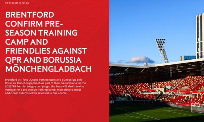 官方：布倫特福德8月季前賽對手為女王公園、門興