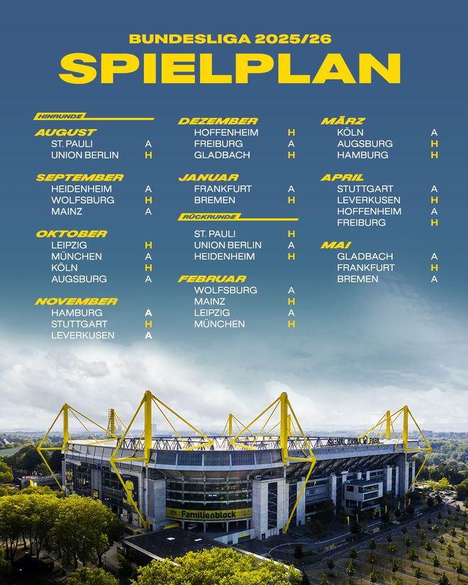 多特賽程：10月、2月拜仁戰(zhàn)，客場(chǎng)與主場(chǎng)對(duì)決