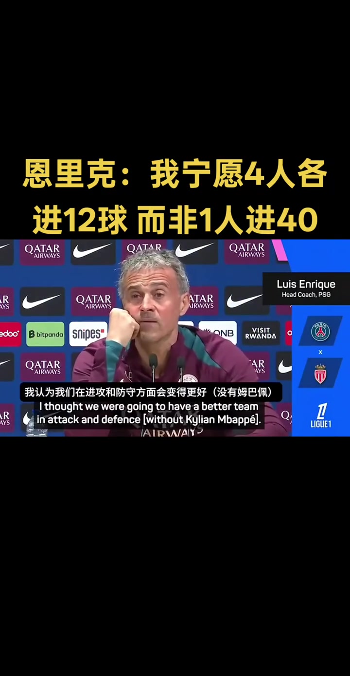 恩里克寧愿有4個各進(jìn)12球的球員也不想只有一個進(jìn)40球的