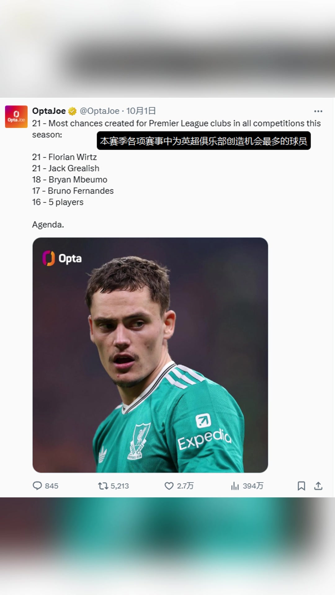 被尬黑本賽季為英超俱樂部創(chuàng)造機(jī)會(huì)最多的球員是維爾茨